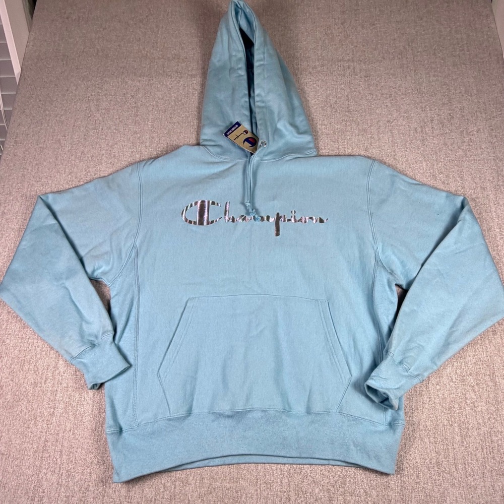 Champion Reverse Weave Hoodie Mens L Aqua GF68 Silver Logo Pullover Sweatshirt